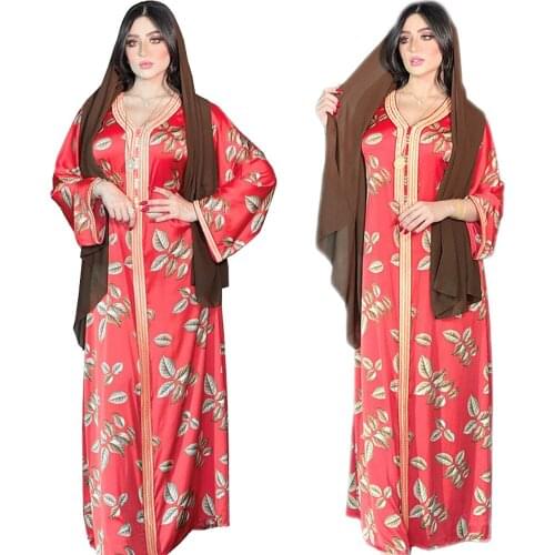 Moroccan Turkey Muslim Leaf Print Abaya Islamic Arab Women Ethnic Kaftan Long Dress Ramadan Dubai Middle East Maxi Robe Party