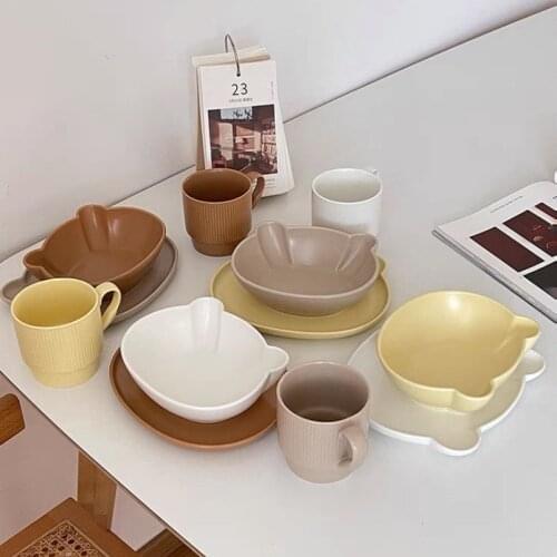 Mesas Dulces Bear Bowl Tableware Dessert Breakfast Plate Mug トレイ خشب Ceramic Korean Taart Standaard Set Cute Assiette Or