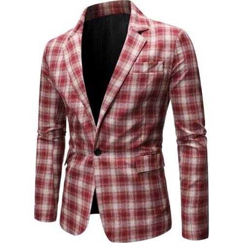 2021 New Autumn Men Suit Jacket Single Button Men Blazer Lapel Casual Long Sleeve Plaid Print Suit Coat Workwear Wedding Party