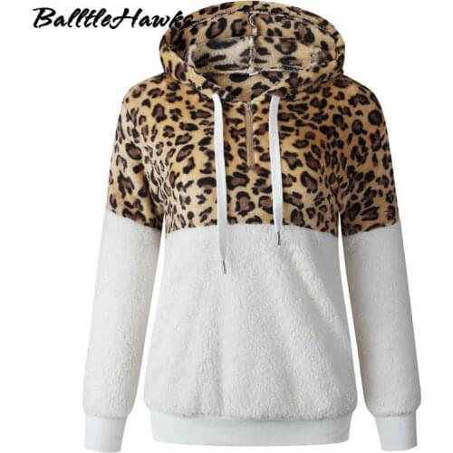 New Loose Plush Leopard Patchwork Hoodies Women Zipper Tops Long Sleeve Drawstring Hooded Warm Sweatshirt with Pockets Autumn