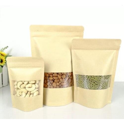 Zip-lock Stand Up Front Clear Window Kraft Paper Bags Recloseable Kraft Moistureproof Packaging Storage Nut Snacks Tea Pouches