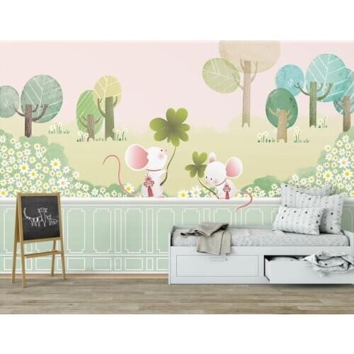 Custom cartoon green forest landscape tree childrens room background wall painting wallpaper