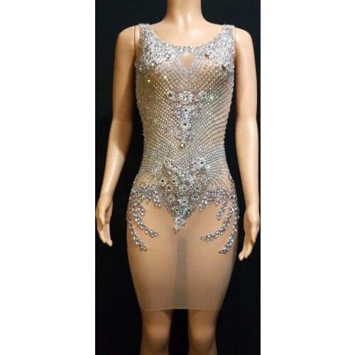 Sexy Mesh See Through Sparkly Crystals Sleeveless Short Dress Women Fashion Birthday Celebrity Party Dresses Nightclub Outfit