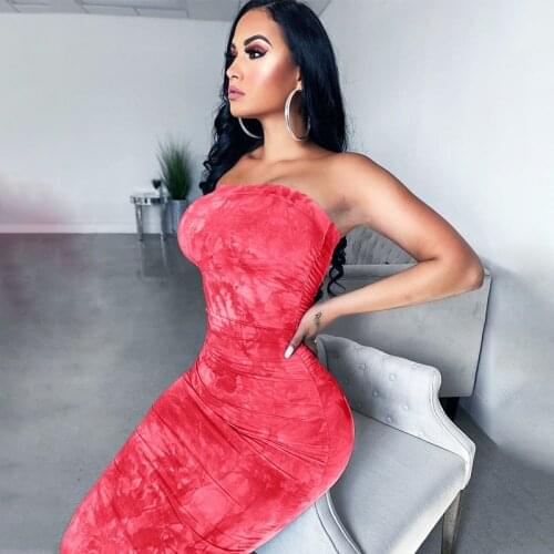 SEASONS Tie Dye Ruched Sleeveless Women Tube Midi Dress Bodycon Sexy 2020 Summer Clothes Party Elegant Club Dresses ASDR80672