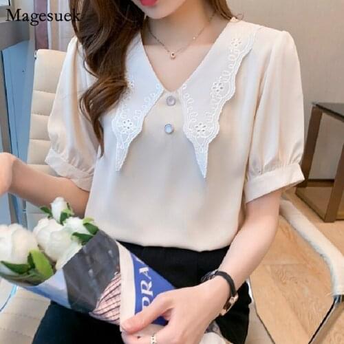 2021 Chic Summer Lace Crochet White Shirt Woman Short Sleeve Elegant Chiffon Blouses Turn-down Collar Tops for Women Blusa 14751
