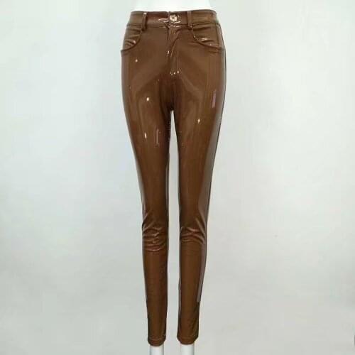 High Quality Celebrity Brown Red Black Leather Stretch Pants Sexy Fashion Boycon Pant