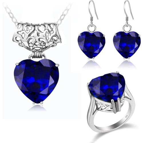 SDOOU Jewelery Sets For Women Heart Sapphire Real Sterling Silver 925 Ring Drop Earrings Pendants Classic Elegant Luxury Jewelry