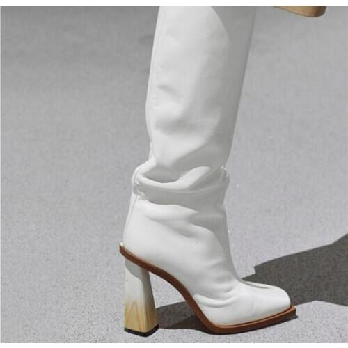 Newest Woman Fashion Black Beige White Gradient Heels Knee High Boots Square Toe Slip On Tube Long Knight Boots Shoes Lady