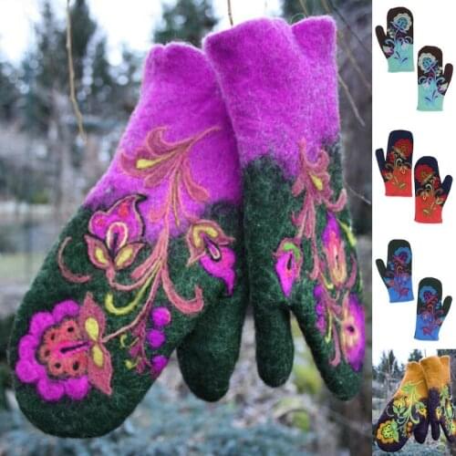 Women Winter Faux Cashmere Thicken Warm Full Finger Gloves Ethnic Vintage Colorful Floral Embroidered Outdoor Windproof