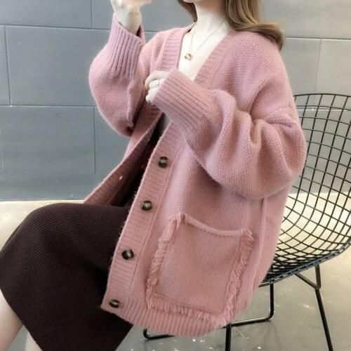 Tassel Womens Cardigan Spring Autumn Single Breasted Long Sleeve Ladies Casual Sweaters Pockets Solid V Neck Knitted Wear