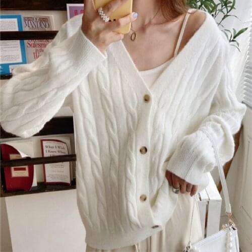 Retro Literary Pure Color Twist Cable Knit Cardigan Womens V-neck 2020 Autumn and Winter New Long-sleeved Sweater Jacket Women