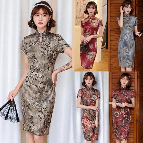2020 Summer Autumn Women Short Sleeve Floral Print Slit Hem Brocade Chinese Cheongsam Midi Dress Womens Clothing женское платье