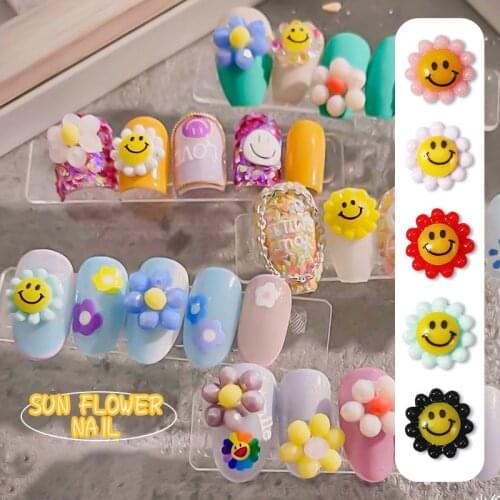 10pcs Smiling Face Sunflower Nail Accessories Nail Art Decoration Kawaii Manicure 3D Sticker Flowers Nail Parts Korean Summer
