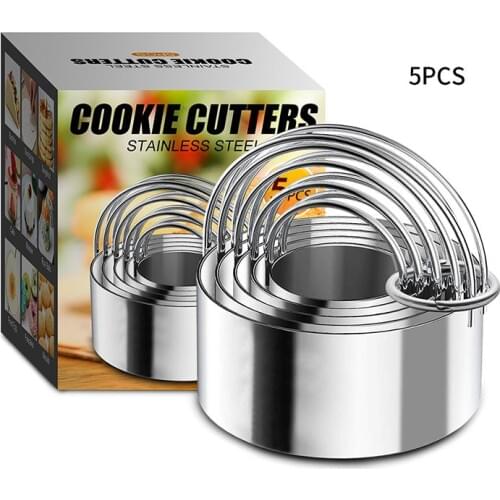 5pcs Stainless Steel Round Cookie Pastry Cutter Mold with Handle Kitchen Dumplings Wrappers Baking Cake Decorating Maker Tools