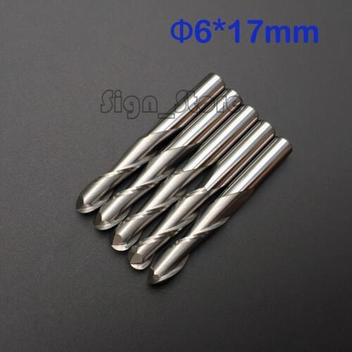 Free Shipping 5 pcs/lot 6x17mm 2 Flutes Ball Nosed End Mill, CNC Router Bits, Milling Cutters, Solid Carbide, Cutting Tools