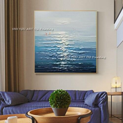 100% New Handmade Large Abstract Picture Modern Original Knife Thick Oil Painting Art Design On Canvas Sunny Sea View Blue Sky
