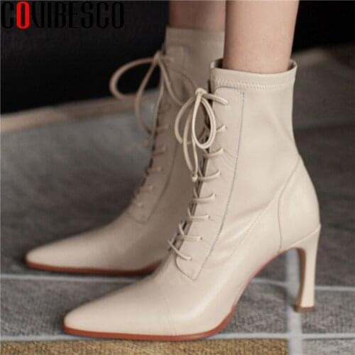 COVIBESCO Autumn Women Ankle Boots Office Party Genuine Leather Pointed Toe High Heels Lace-Up Shoes Woman Fashion Stretch Boots