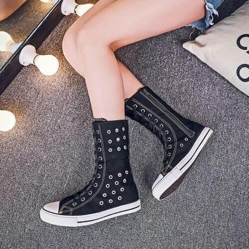 Canvas Women fashion High-top zipper Breathable Hollow flat boots Long-barreled casual flats boots Tall Punk Shoes Size 43 MA-81