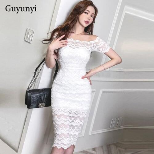 Black White Lace Party Dress 2021 Summer Korean Version Sexy Off The Shoulder Slash Neck Simple High Waist Tight Dress Women