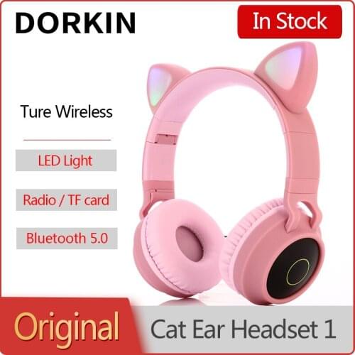 Dorkin Cat Ear Headset Wireless Bluetooth 5.0 LED Light Hifi Music Stereo Bass Kids Girl Headphones Support TF Card/FM Radio/AUX