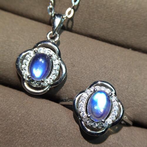 KJJEAXCMY boutique jewels 925 pure silver inlaid natural moonlight stone pendant necklace ring set new style dress chrysanthemum