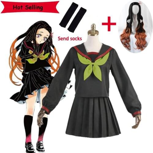 Hot Anime Demon Slayer Cosplay Costumes Kamado Nezuko Dress Christmas Halloween Party Skirt Yellow Long Wig Black Uniform Suits
