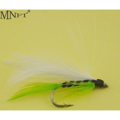 MNFT New Fishing Flies White Feather Wing Green Tail Clear Plastic Rainbow Film Body Fly Fishing Lures With Crank Hooks 7