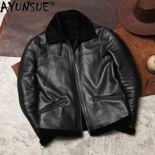 AYUNSUE Genuine Leather Jacket Men Real Fur Coat Winter Flight Shearling Jacket Sheepskin Coat Wool Lining Leather Jackets J4976