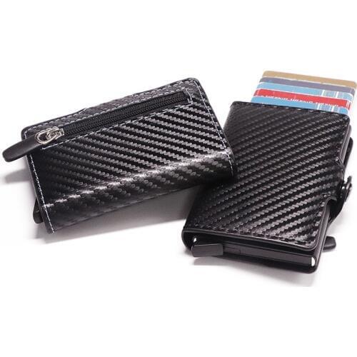 2020 New Credit Card Holder Aluminum Box Card Wallet RFID PU Leather Pop Up Card Case Magnet Carbon Fiber Coin Purse