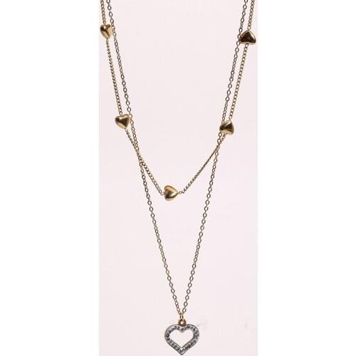 New Classical Gold Plated 316L Stainless Steel Double Chain Zirconia Heart Charms Necklaces For Women Girls Trendy Jewelry Gift