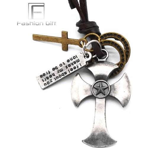 Rock Army Star Cross Necklaces Leather Chain Necklace Male Jewelry Adjustable Size
