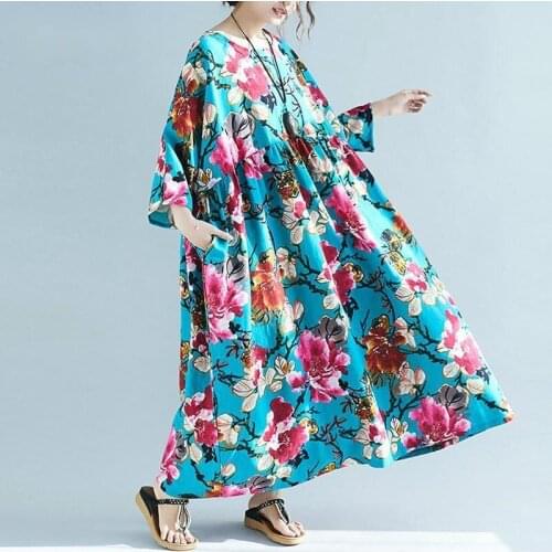 Plus Size Floral Print Cotton Linen Maxi Dress 2021 Boho Dresses For Women 5XL 6XL 7XL Summer Clothes Female Oversized Long Robe
