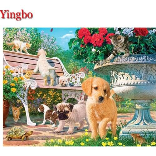 Garden scenery 5D square ound Diy Diamond Painting Cat And Dog Full drill diamond Embroidery Cross-Stitch Mosaic Rhinestone home