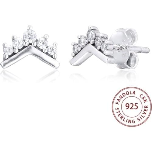 100% 925 Sterling Silver Earring Clear CZ Tiara Wishbone Stud Earrings for Women Original Fine Jewelry Pendientes Bijoux Femme