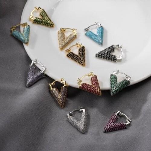 HECHENG 1pair ，V shape CZ Earrings,Colorful Stone Fashion Geometric Triangle Stud Earrings,Gold Silver Black Color Women Jewelry