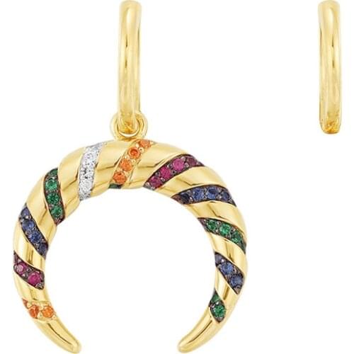 Pure 925 Sterling Silver Yellow Gold Color Asymmetric Multicolor Zircon Stripes Moon Crescent Tribal Earrings with Hoop forWomen