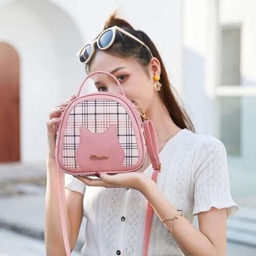 Cute cat ear shaped girl messenger bag for girls small round cartoon plaid one shoulder messenger bag female fashion coin purse