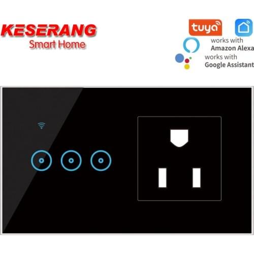 Tuya/Ewelink Smart 1-2-3Gang wifi switch with US socket,Touch wifi Switch Socket ,Luxury Glass Panel,Work with Alexa Google Home