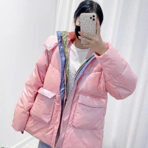 2021 new down jacket winter loose hooded white duck down color matching stand collar jacket women