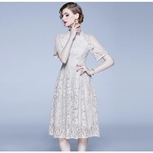 Woman summer long knee-lenght dress women elegant dress and ladies dress O-Neck Vintage lace dress for women