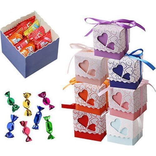 100pcs European love candy box wedding candy packaging gift gift box carton hollow double heart send ribbon