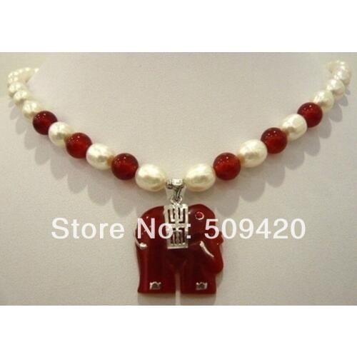 Free shipping White pearl & red necklace elephant pendant 18"