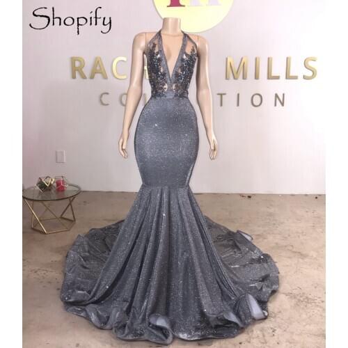 Long Mermaid Prom Dresses 2021 Sexy V-neck Grey Glitter African Black Girls Open Back Prom Party Gowns
