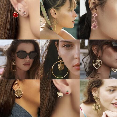 Itenice Metal Luxry Lion Stud Earrings Animal Sun Rose Flower Dangle EarringPunk Heart Expression Love Chain Earrings Jewelry