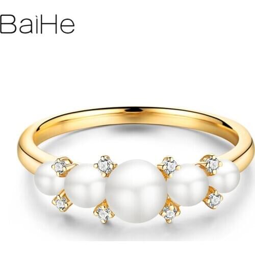 BAIHE Solid 18K Yellow Gold 3-5mm Round Freshwater Pearls ring For Women 0.06ct Diamond Trendy Fine Jewelry кольца кольцо