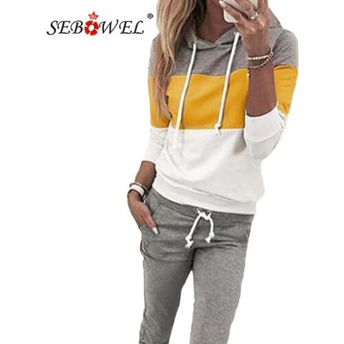 SEBOWEL Autumn Winter Womens Tracksuit Two Pieces Sets Lady Long Sleeve Colorblock Hooded Top Joggers Pants Sets Clothing S-XXL