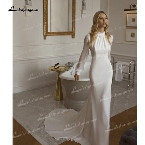 Fashion Sheath Soft Satin Wedding Dresses High Neck Pleat Illusion Chiffon Puff Long Sleeve Sexy Backless Court Train Bride Gown