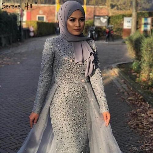 Muslim Grey Mermaid Long Sleeves Evening Dresses Knitting Diamond Luxury Evening Gowns Design 2020 Serene Hill LA70212