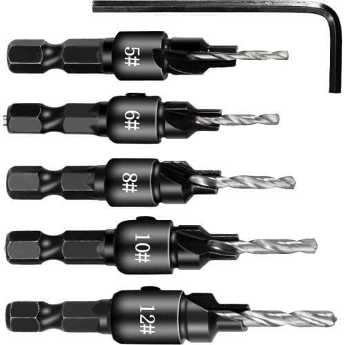 5pcs Countersink Drill Woodworking Drill Bit Set Drilling Pilot Holes For Screw Sizes #5 #6 #8 #10 #12 With a wrench