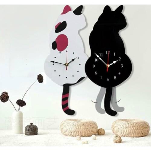 Cartoon Creative Decor Wall Clock Acrylic Nordic Wag Tail Cat Home Decor Living Room Creative Clock Art Clock Home Decoration